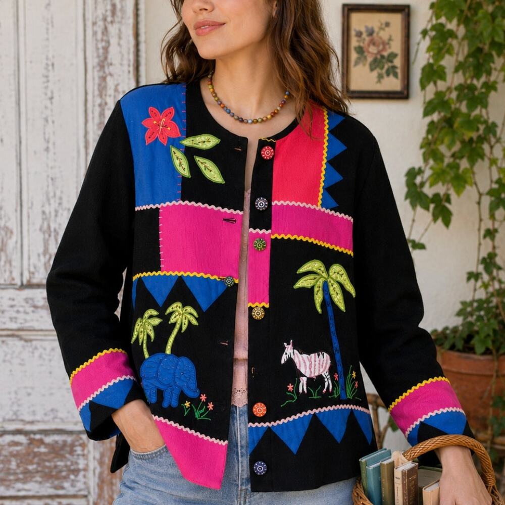 Vintage 80s Wearable Art Jacket Elephant Zebra Applique Grannycore Petite M